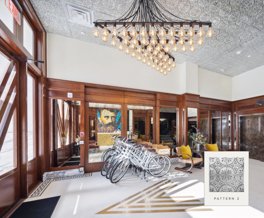 The lobby of The Venice V Hotel featuring American Tin Ceilings tiles in Pattern 2.