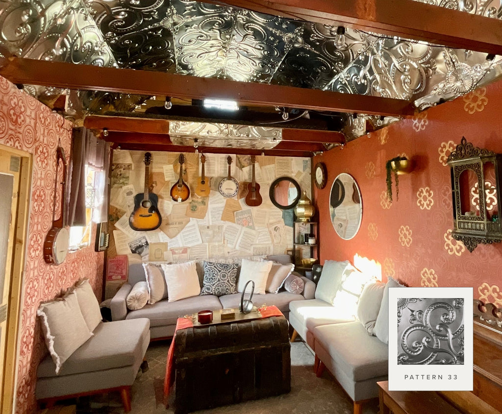 An interior shot of Ben Mylar's renovation project featuring American Tin Ceilings tiles in Pattern 33.