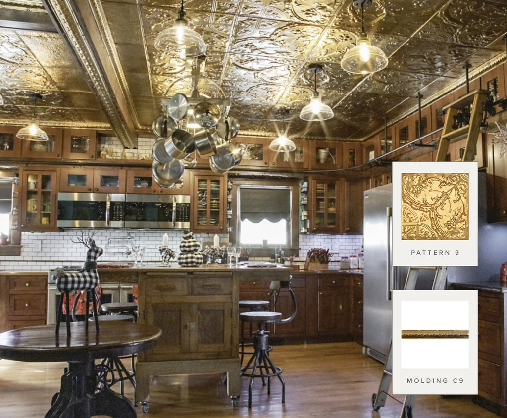 The Henry's modern Victorian farmhouse kitchen featuring American Tin Ceilings tiles in Pattern 9 and crown molding in pattern C9.