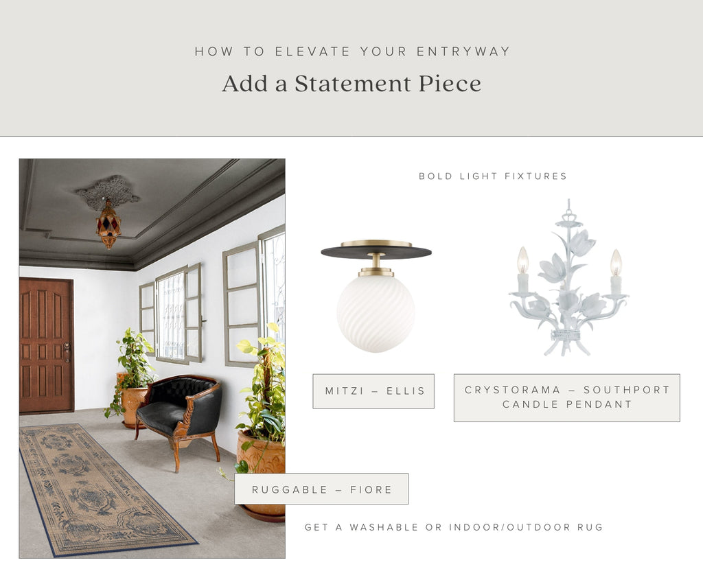 Our suggestions for a statement piece, including a new rug and light fixtures. 