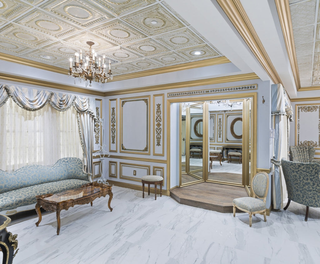 Bridal room in the Manor wedding venue with White Washed Gold tin ceiling.