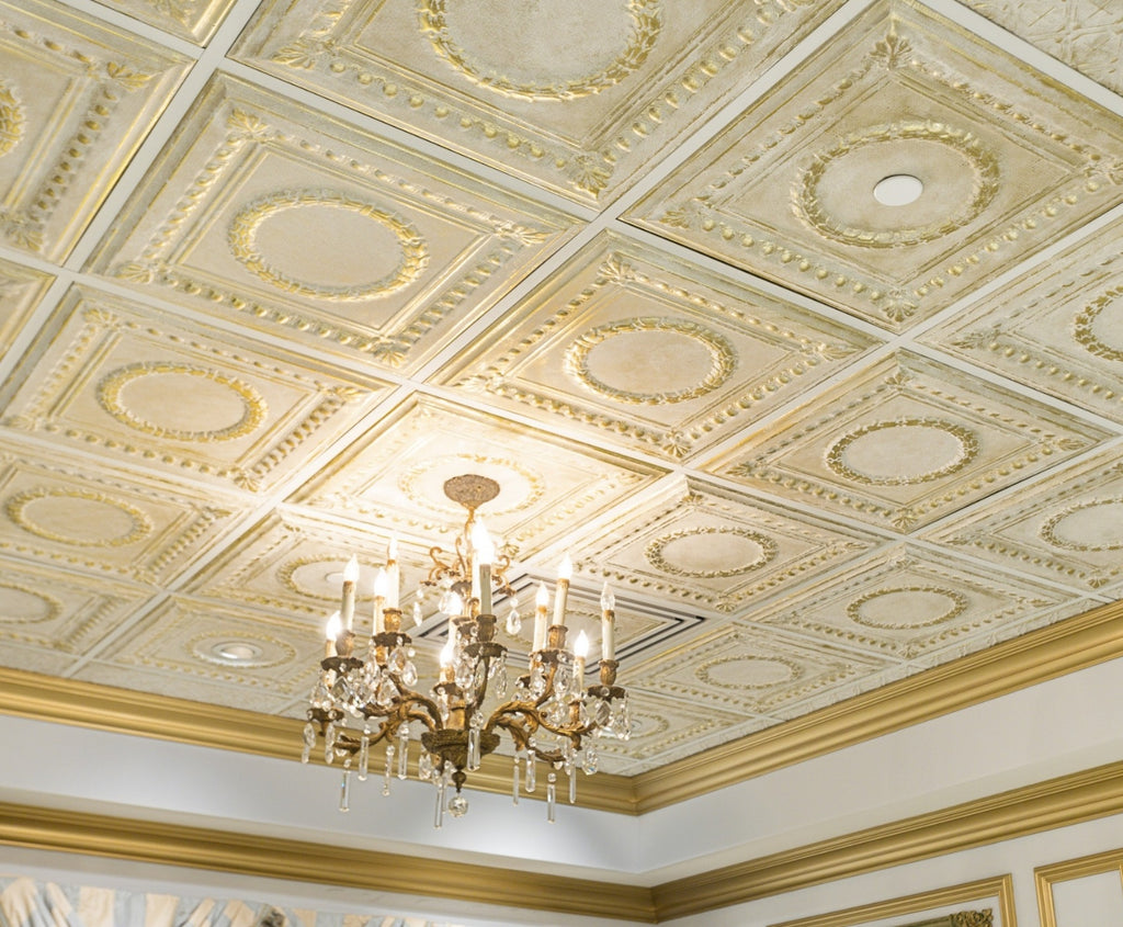 White washed gold tin ceiling tile at the Manor wedding venue.