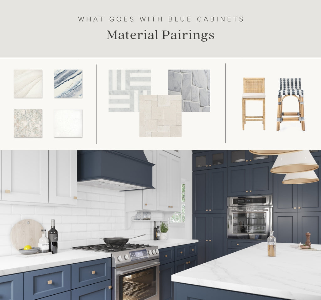Mood board that shows materials and finishes that pair well with blue cabinets.