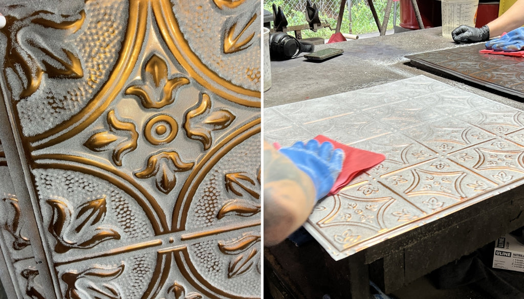 Side by side image of artisan tin tile color being produced.