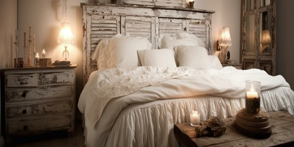 Distressed headboard and nightstand in a vintage styled bedroom.