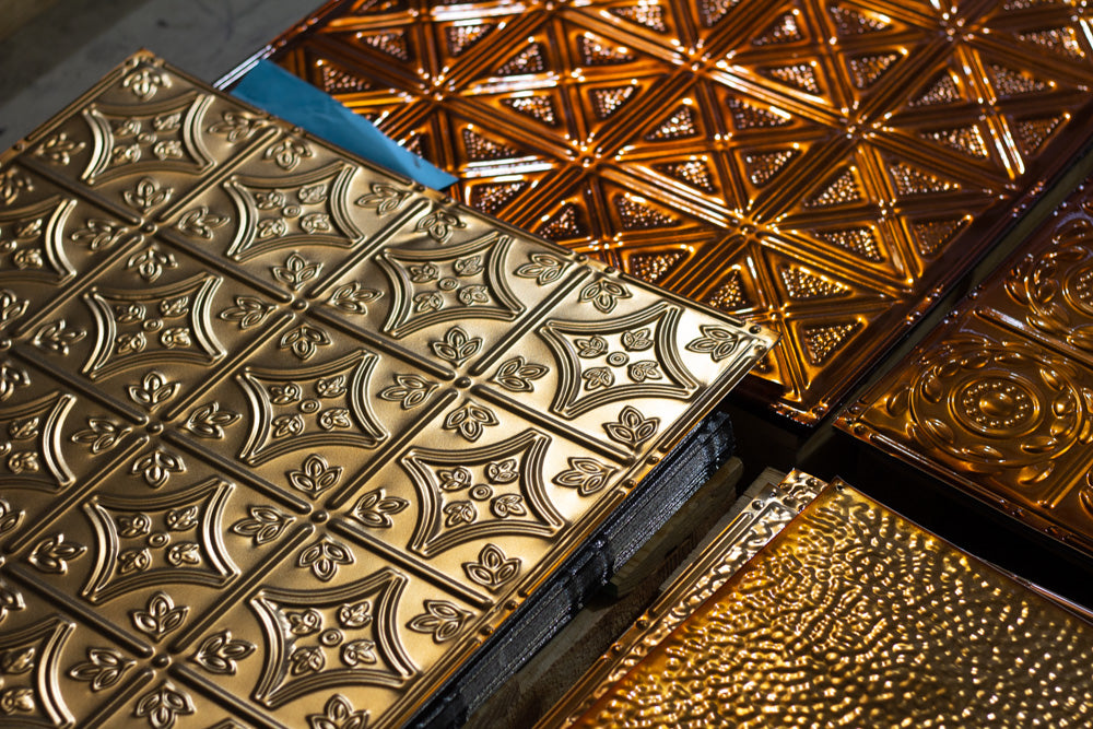 Close up of different color and patterns of tin tile.