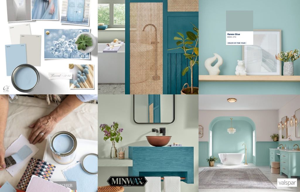 Collage with various blue tones throughout different spaces.