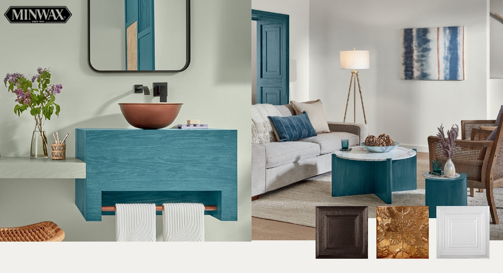 Bay Blue color of the year with tin tile recommendations.