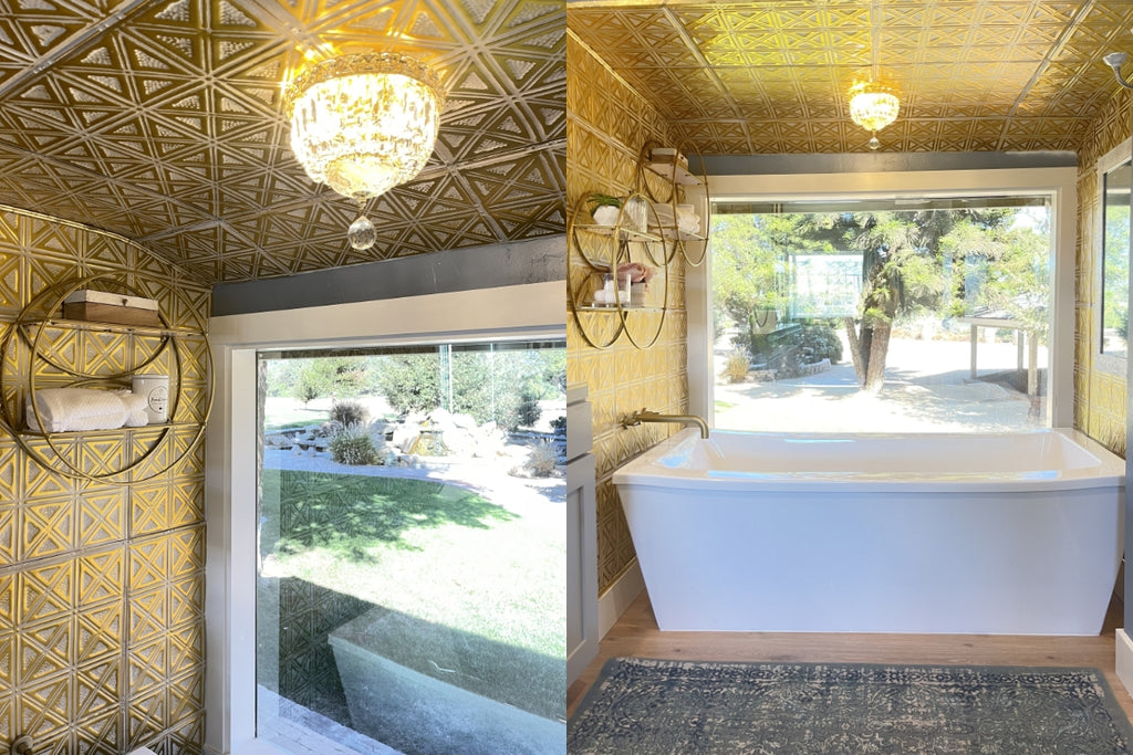 Collage of bathroom with curved ceiling over the bathtub with gold tin tile finishes.