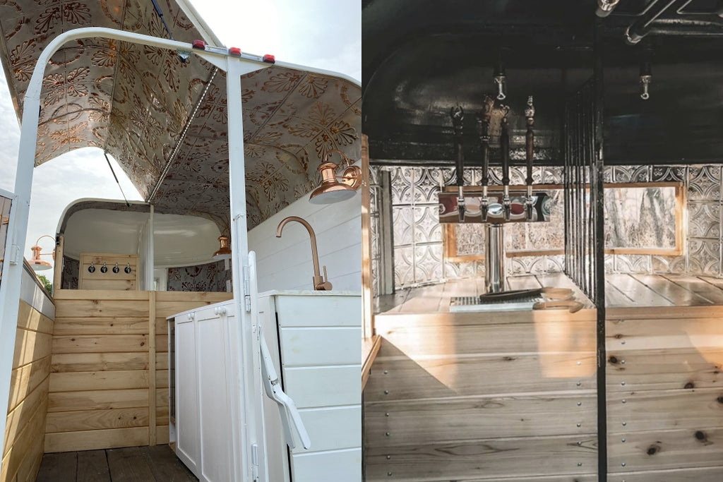 Collage of two horse trailers converted into beverage food trucks with tin tile on the interior.