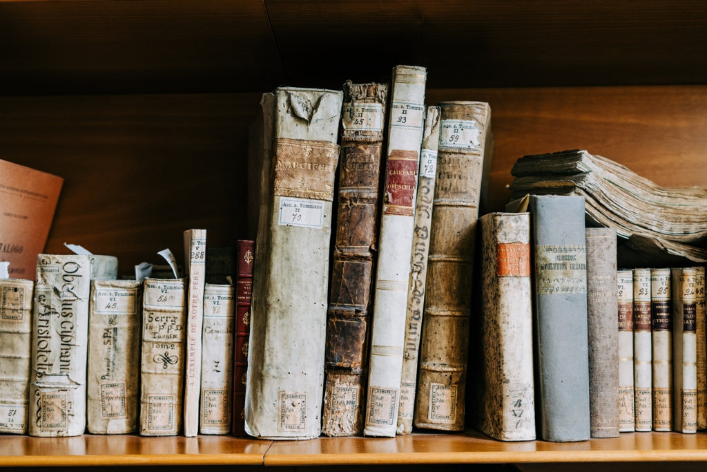 Distressed books on a bookshelf.