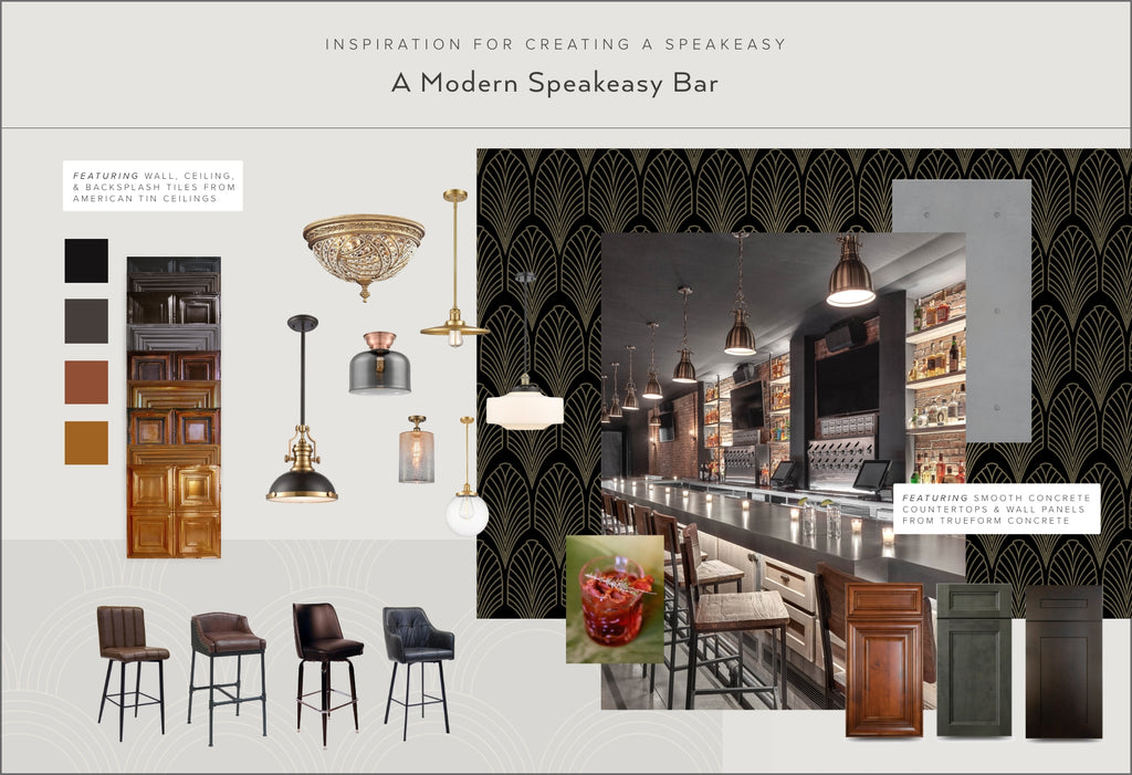 Mood board with speakeasy design elements.