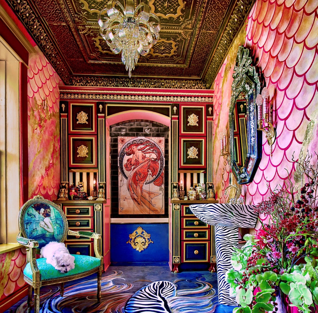 Eclectic design bathroom with lots of color and accents, including tin tile ceiling.