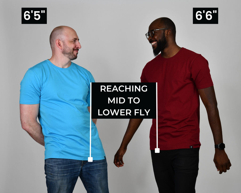 3" longer tall t-shirts that fall to mid-fly