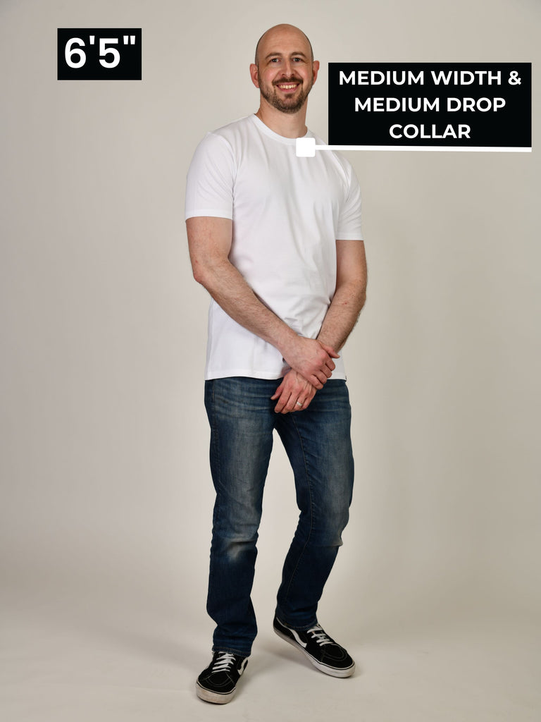 Tall t-shirt with medium width and medium drop collar.