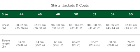 SHirts, jackets and coats size guide