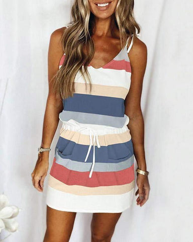 MELAREY DRAWSTRING SUSPENDER STRIPES DRESS (4 COLORS)