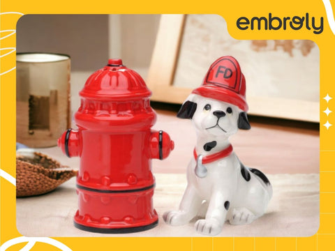 A ceramic fire hydrant and Dalmatian dog shaker