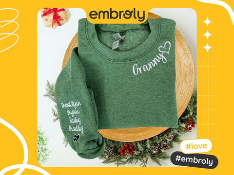 Custom Embroidered Grandma Sweatshirt with GrandKids Names on Sleeve