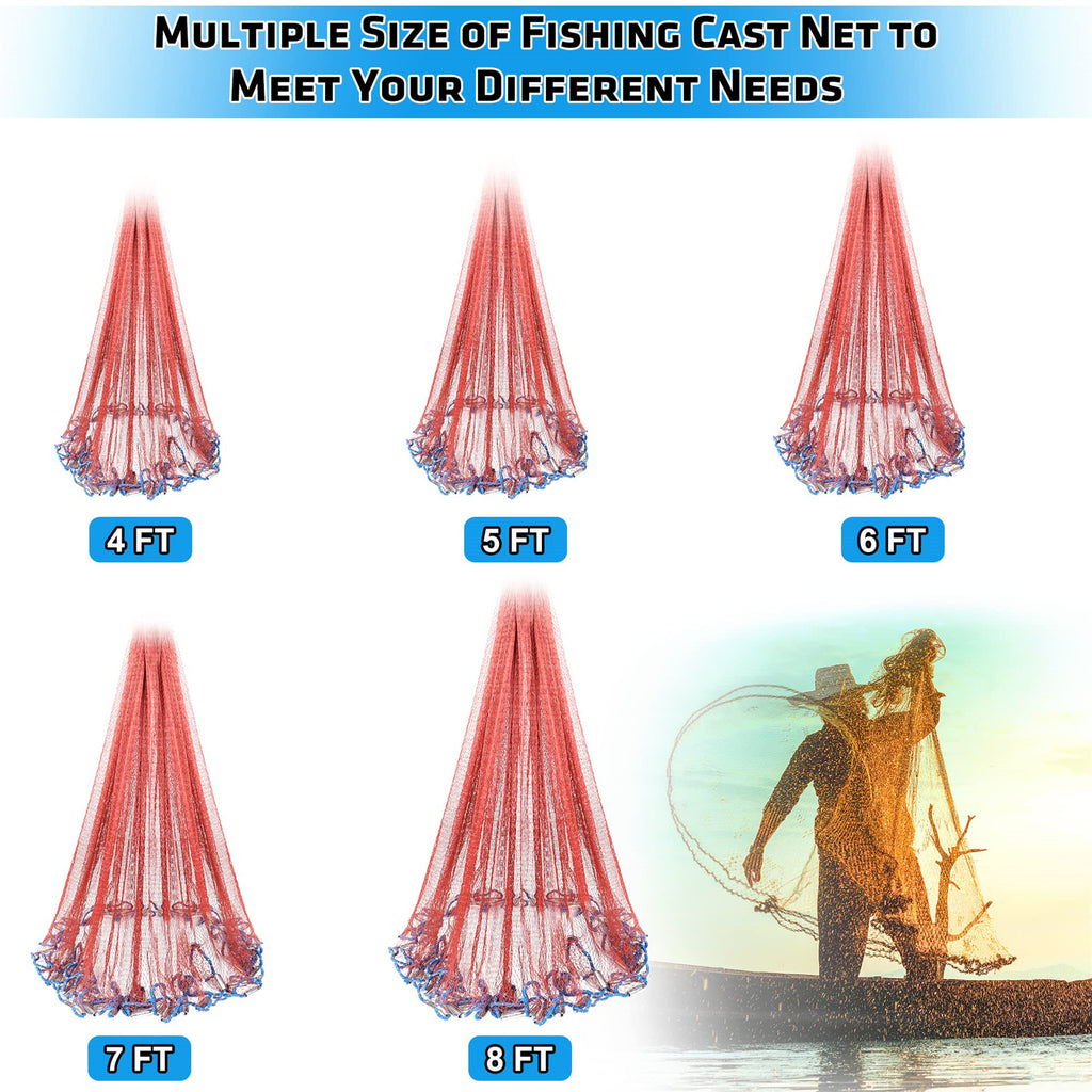 basicgear BasicGear Cast Net, Zinc Iron, 8ft Radius, 3/8 inch Mesh for  Freshwater and Saltwater Bait Fish