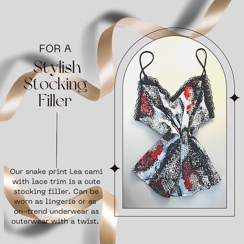 Shop stocking fillers, lingerie as outerwear camisole print and lace top.