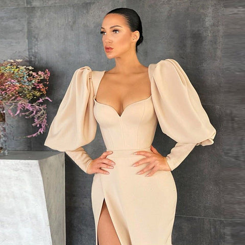 beige aesthetic puff sleeve dress, elegant slit dress, tgc fashion 