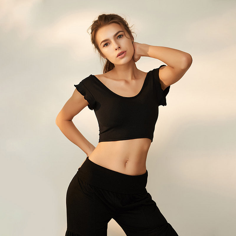 TGC FASHION Gym Outfit | Black Ruffles Crop Top Sports Bra Top