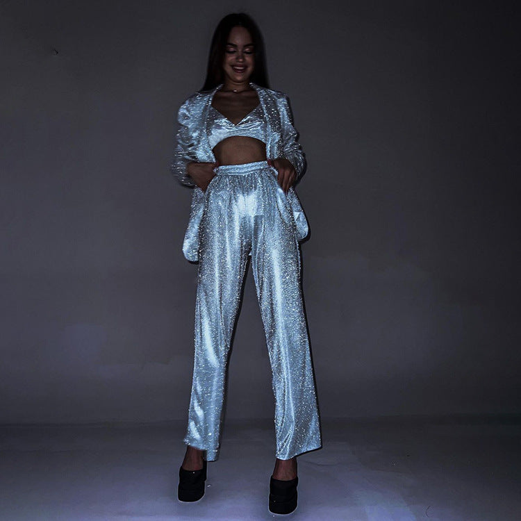 Studio 54 Outfits | Glitter Shirt Crop Top & Trousers Outfit 3-piece s –  TGC FASHION