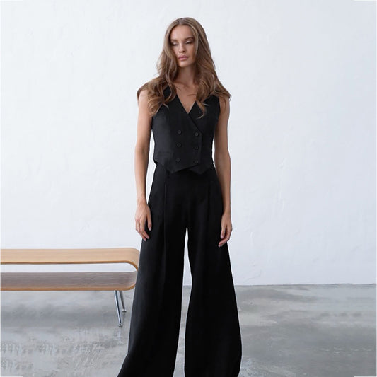 Capsule Wardrobe 2023  Linen Chic Black Vest Wide Leg Pants Outfit 2- –  TGC FASHION