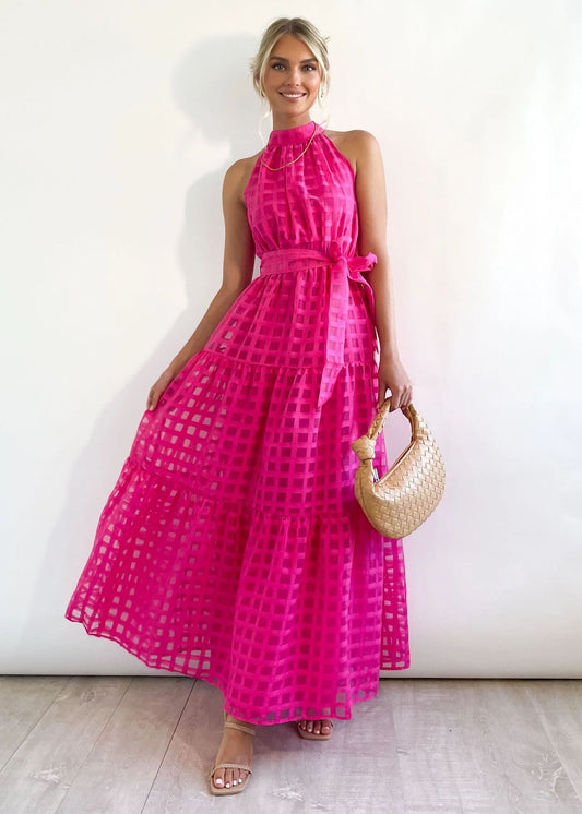 Summer Dresses 2023  Hot Pink Backless Halter One Shoulder Dress – TGC  FASHION