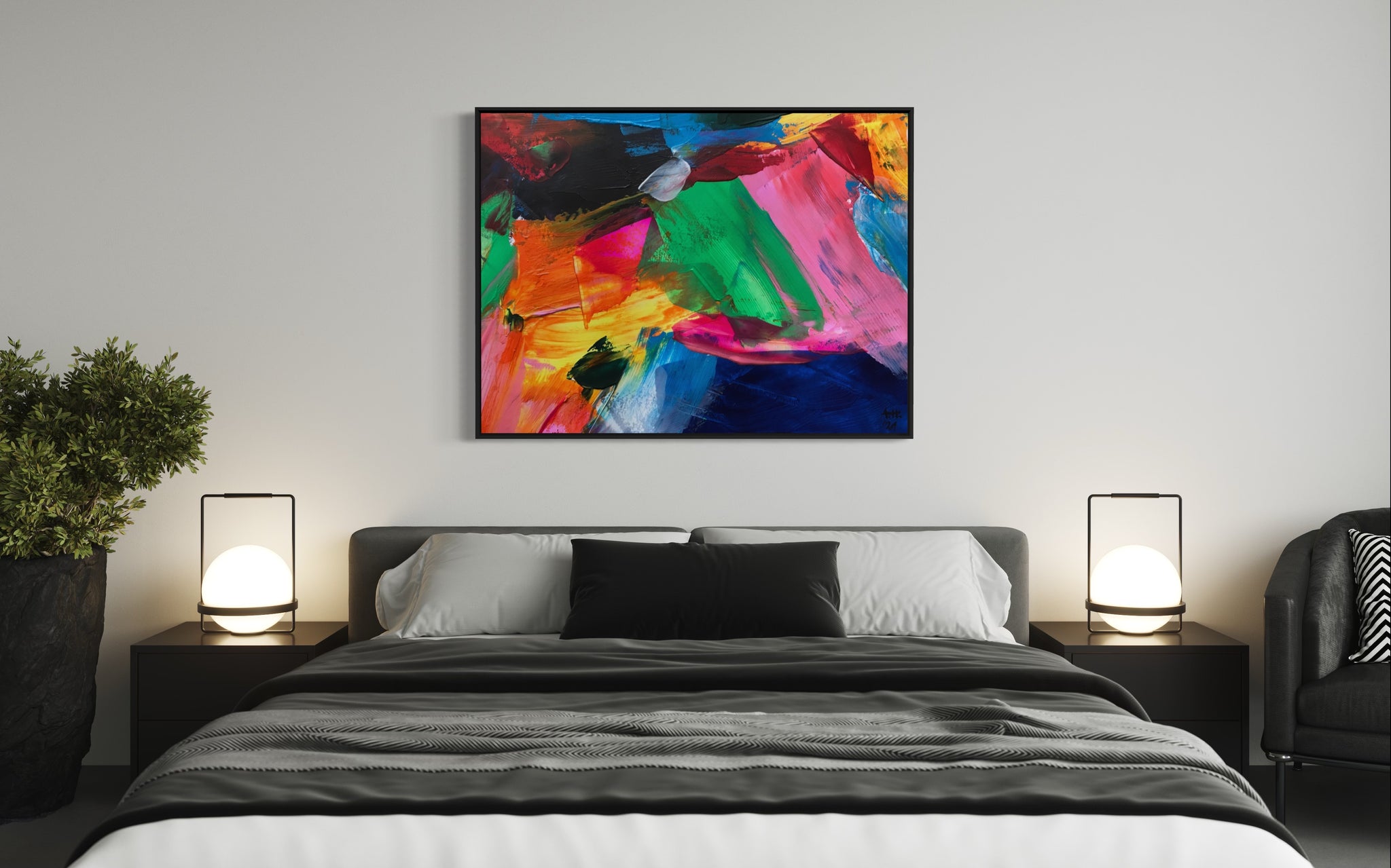 abstrakte Kunst dargestellt in einem Schlafzimmer