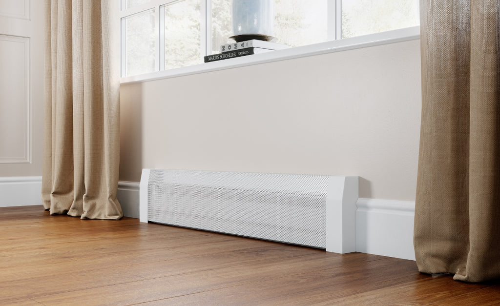 White baseboard heater flanked by beige drapes under a window.