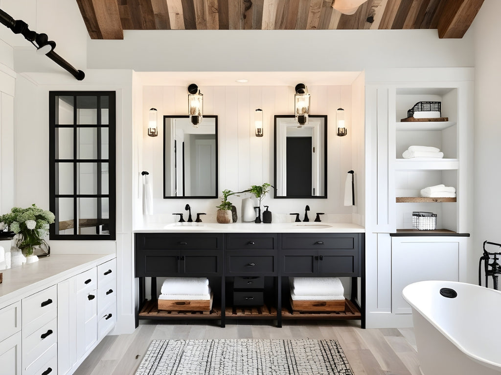 Spacious bathroom with dark double vanity.