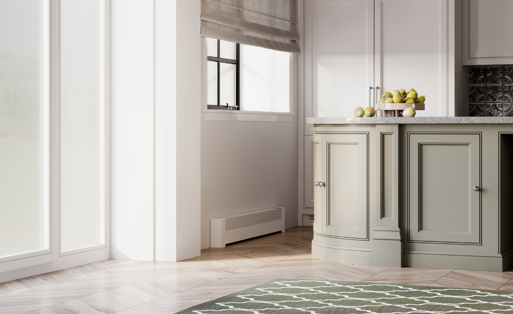 Kitchen with white walls and white baseboard heater with olive green accents.
