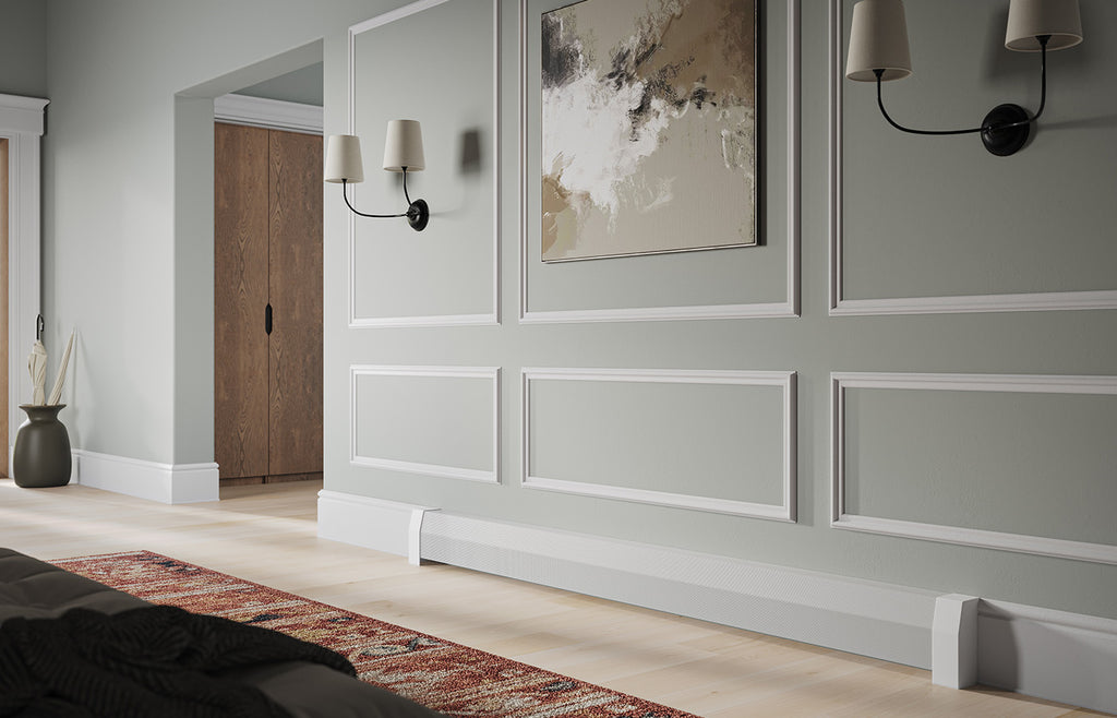 Entryway with paneling in light gray blue with wall sconces and art.