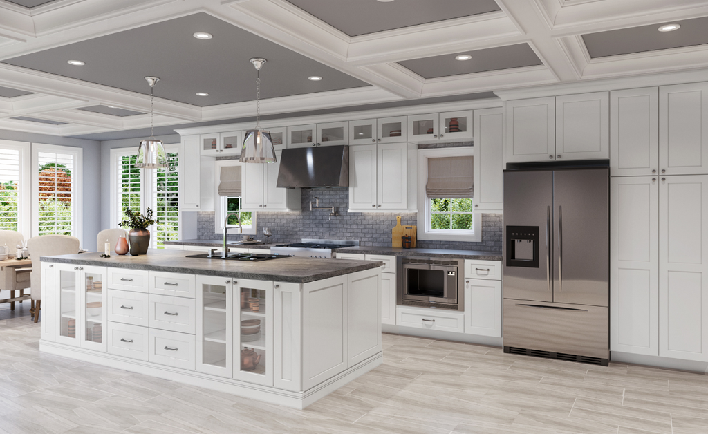 Large neutral kitchen with coffered ceilings and unique countertops.