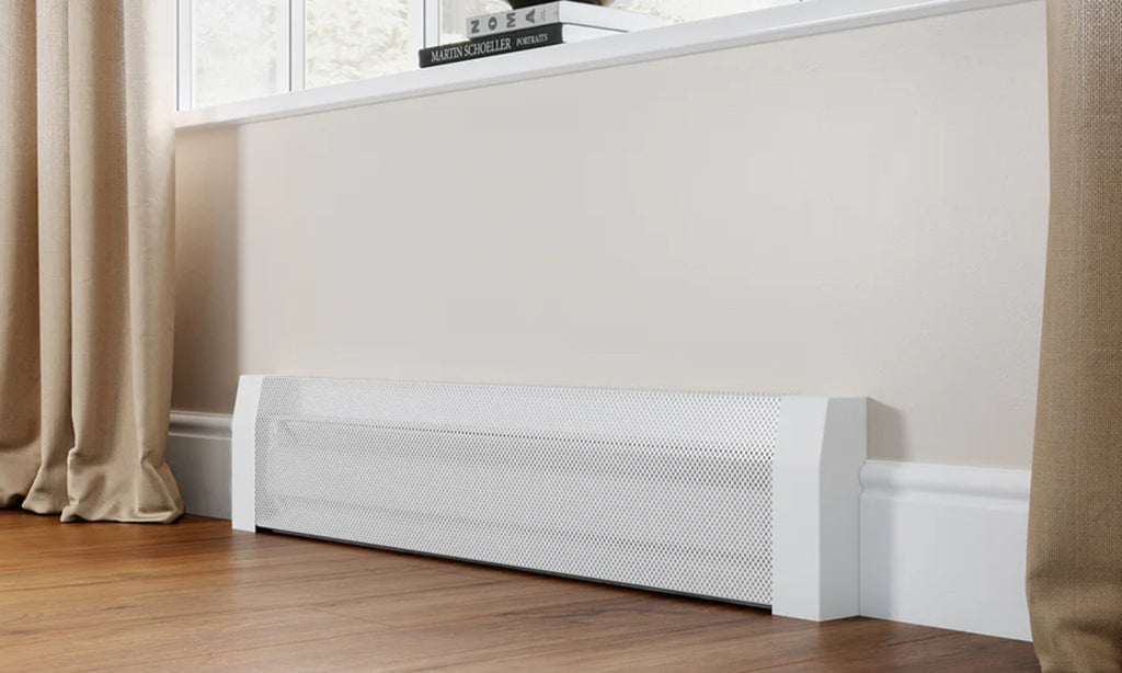 White baseboard heater cover beneath a window with beige drapes on either side.