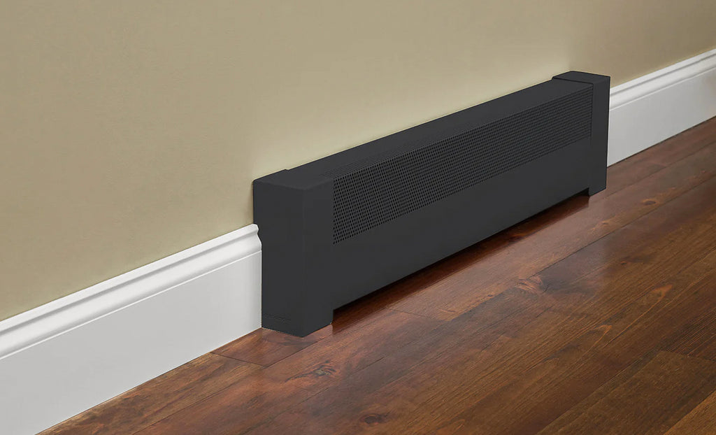 Dark baseboard heater cover contrasts with a lighter wall, trim, and floor in a hallway.