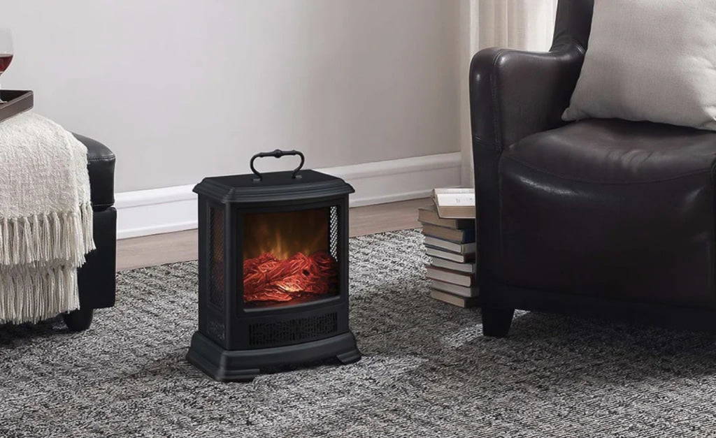 Small space heater made to look like a wood burning stove.