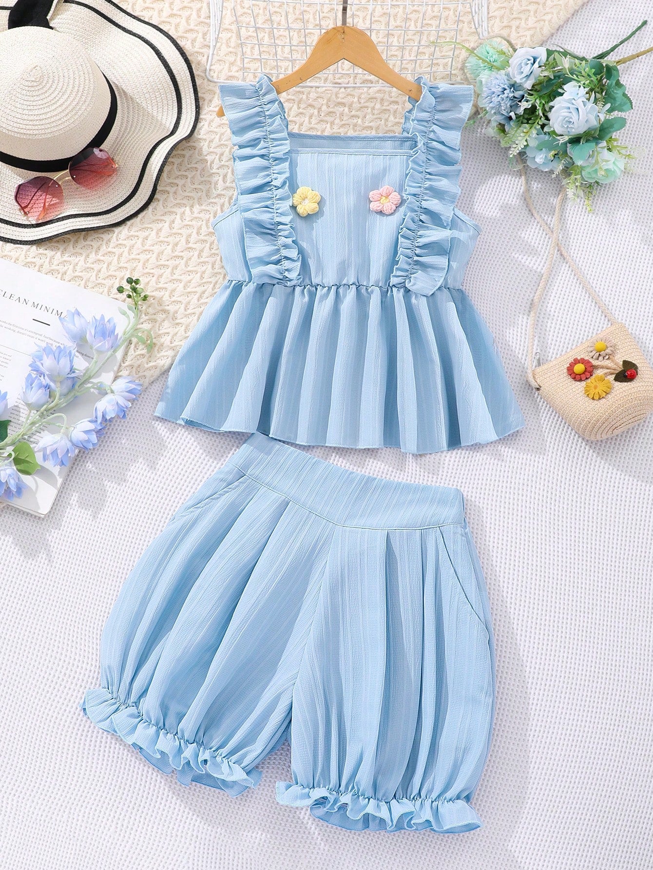 Tween Girl 2pcs Casual Ruffled Strap Crop Top And Shorts Set