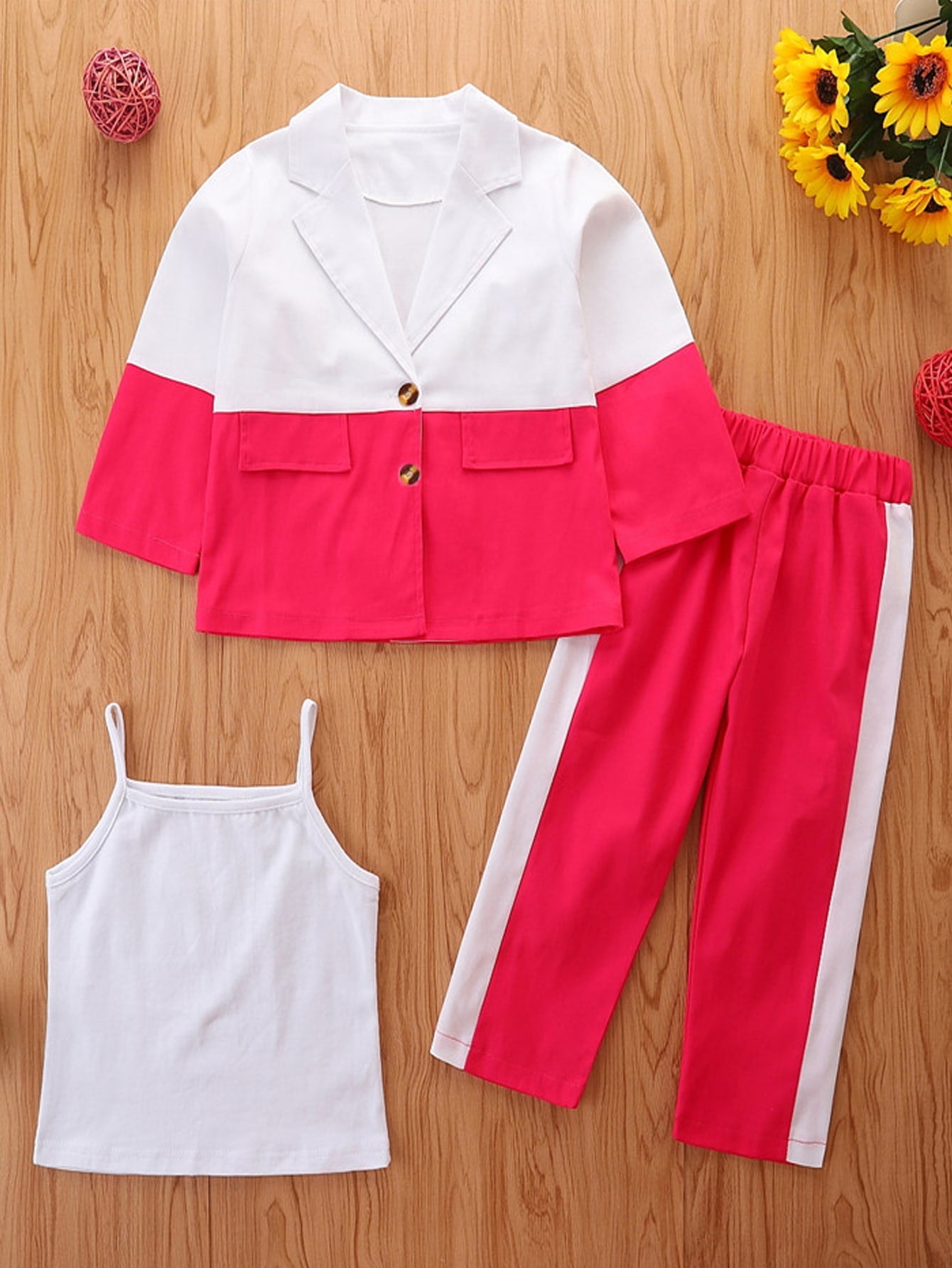 Toddler Girls Two Tone Blazer & Contrast Side Seam Pants With Cami Top