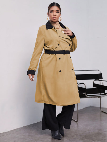 Plus Lapel Collar Belted Double Breasted Trench Coat