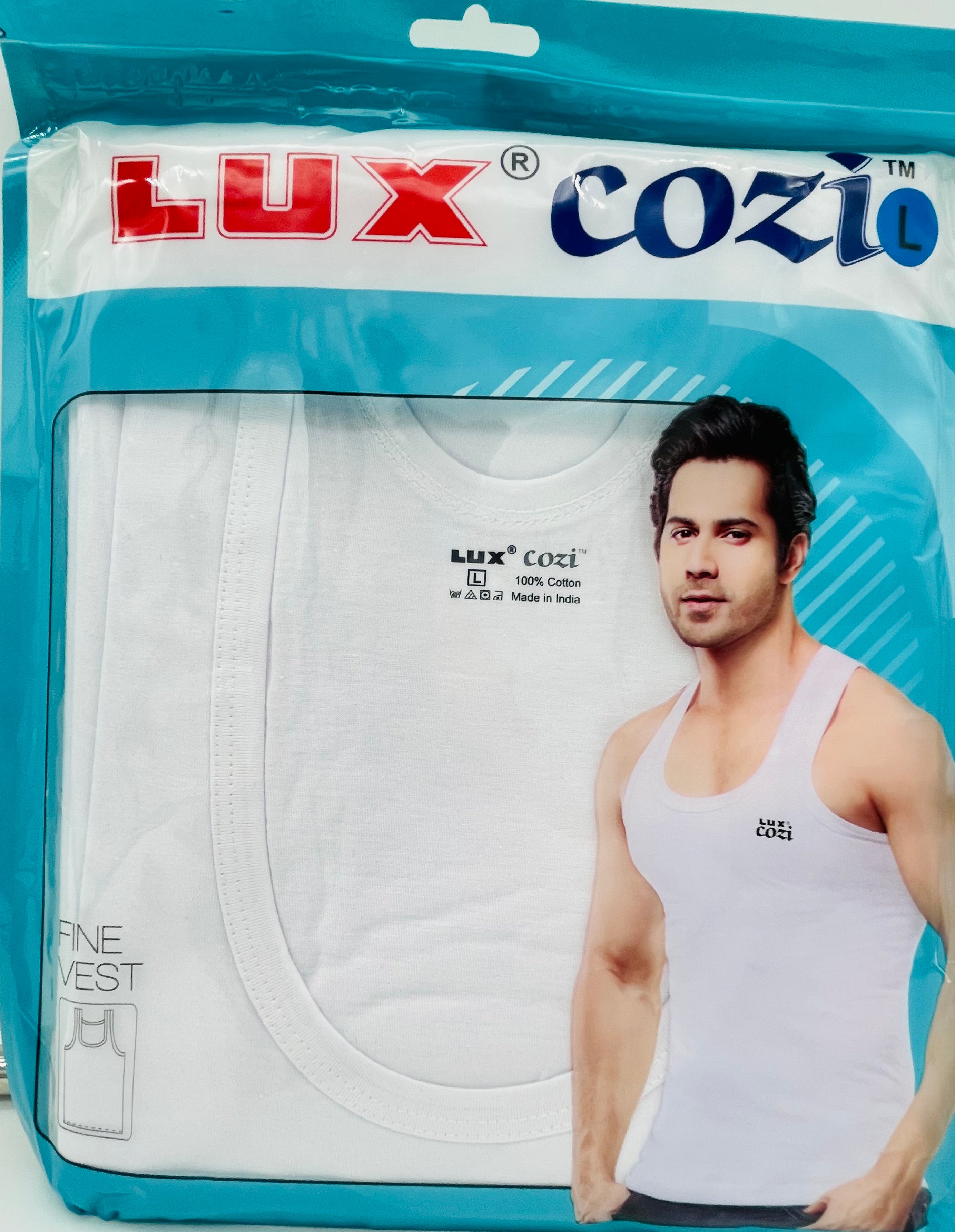 Lux Cozi Men's White Round Neck Sleeveless Cotton Vest (size - 97cm) Pack  of 3