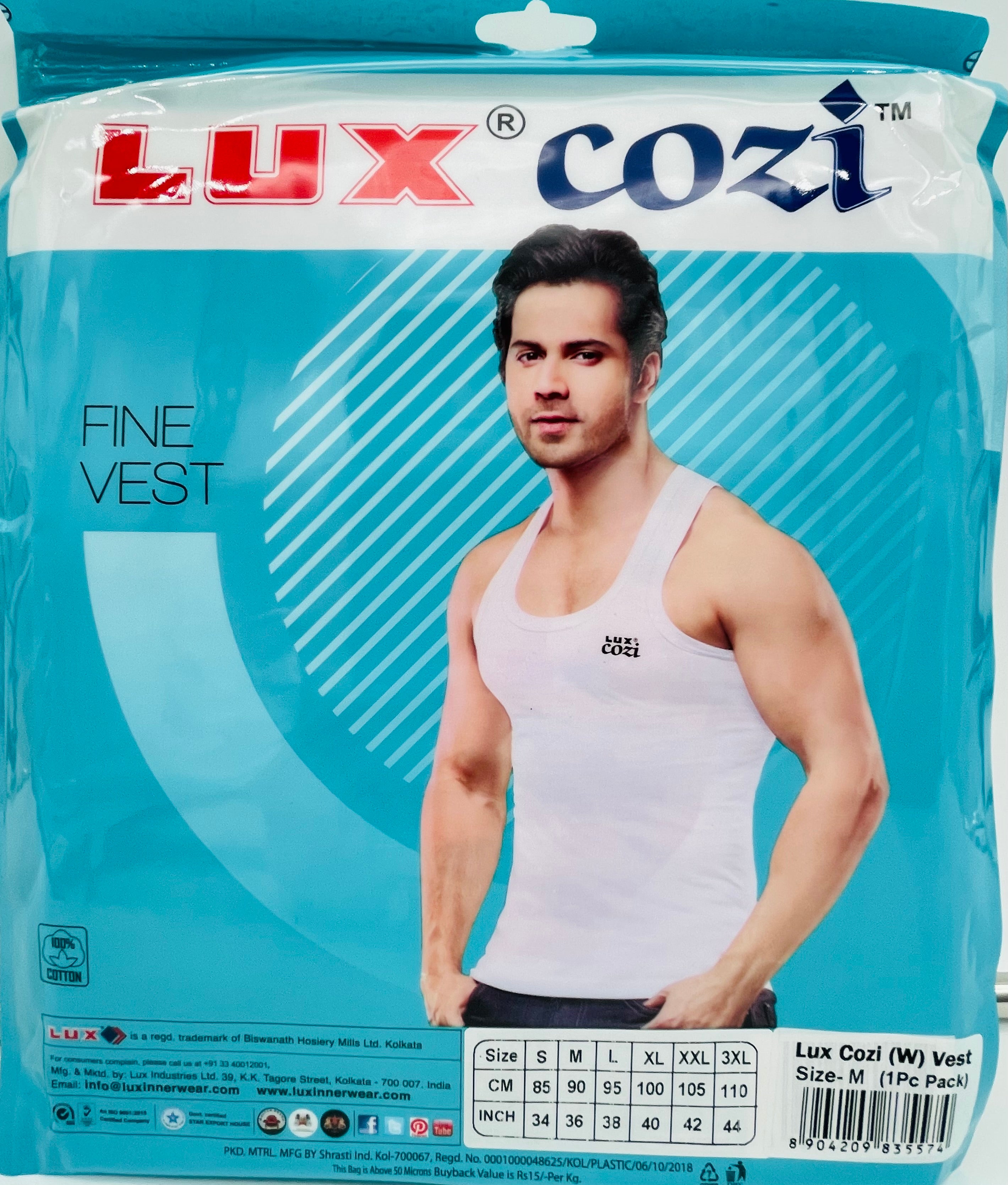 Lux Cozi Men's SOFT FINE 100% Cotton White VEST PACK 1 PC