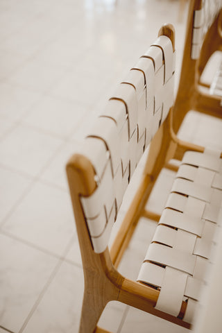 white leather weave dining bar chair made from a bleached teak wood