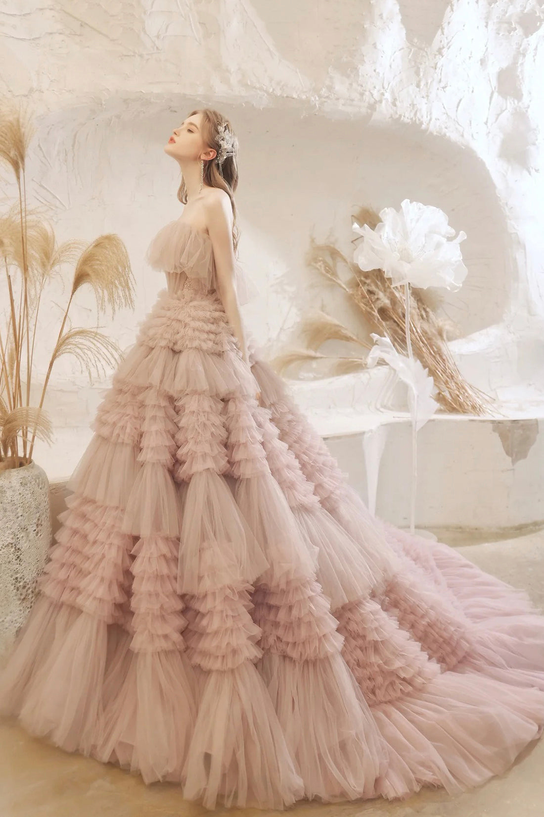 Princess Pink Tiered Layers Tulle Long Formal Gown – Dreamdressy