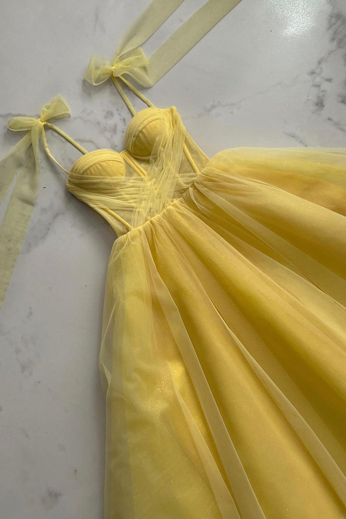 A-Line Yellow Sweetheart Corset Ruffle Prom Dress, Beautiful Tulle For