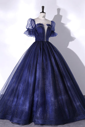 Blue Scoop Neckline Tulle Long Prom Dress, A-Line Short Sleeve Evening