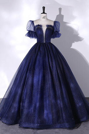 Blue Scoop Neckline Tulle Long Prom Dress, A-Line Short Sleeve Evening