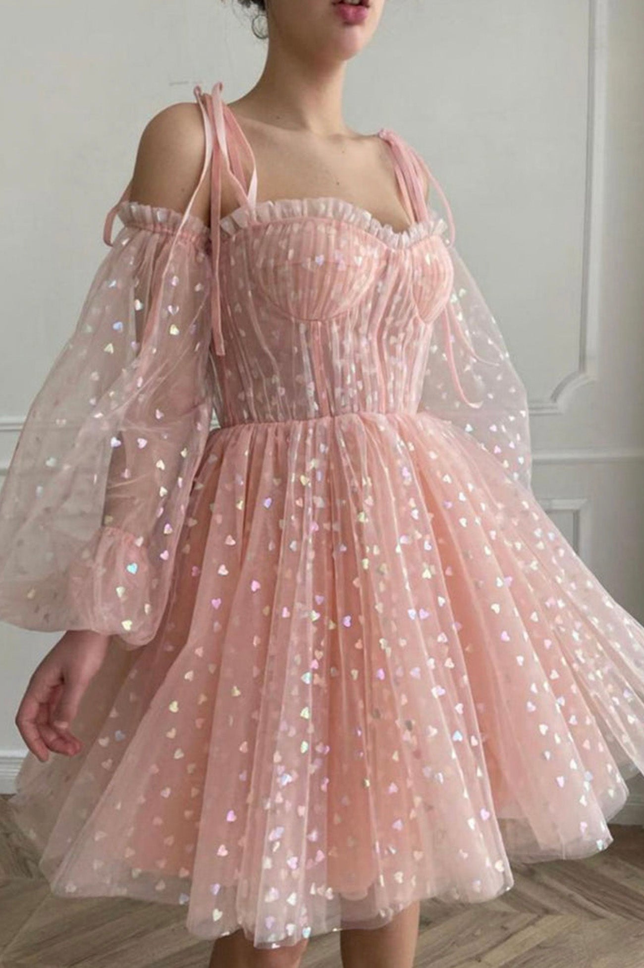 Pink Tulle Short A-Line Prom Dress, Lovely Long Sleeve Homecoming Party Dress